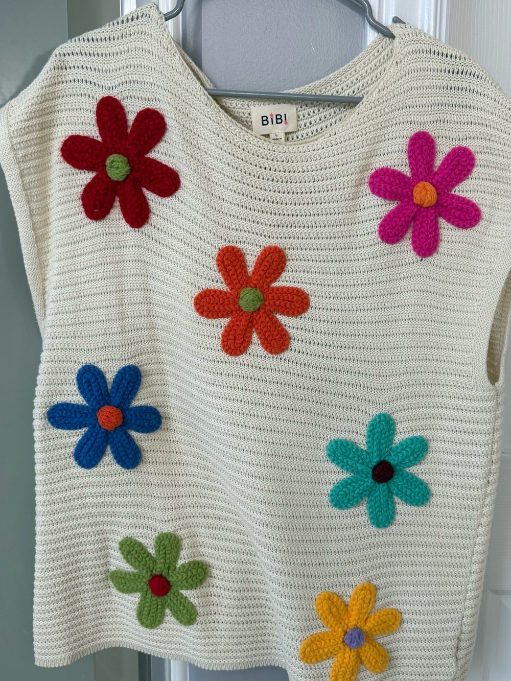 BiBi Cream Crochet Sweater Vest with Colorful Flower Appliqués